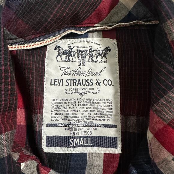 Levi Men's Black Blue Red White Plaid Long Sleeve Pear Snap Down‎ Shirt Size S - Picture 5 of 8